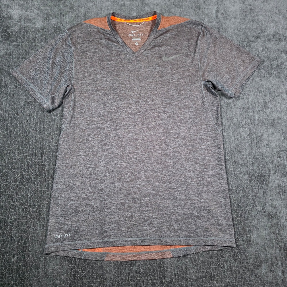 Nike Pro Training Dri-FIT V-Neck Shirt Mens Medium Gray Orange Heathered Tee M